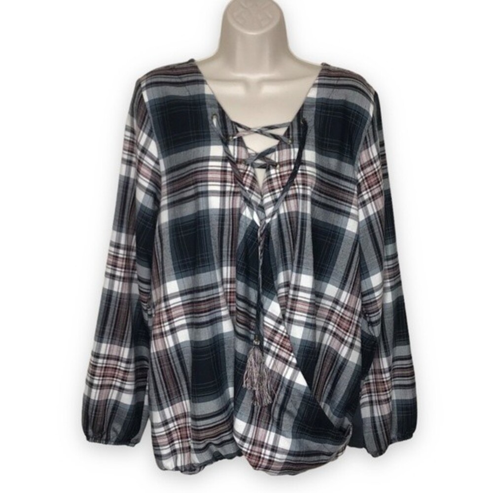 Knox Rose Plaid Front Rib Knit Back Lace Up Surplice Long Sleeve Top Women Large